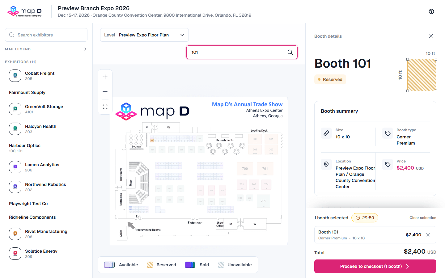 A selected booth with its Booth details panel showing size, type, location and price, the hold timer, and the Proceed to checkout button