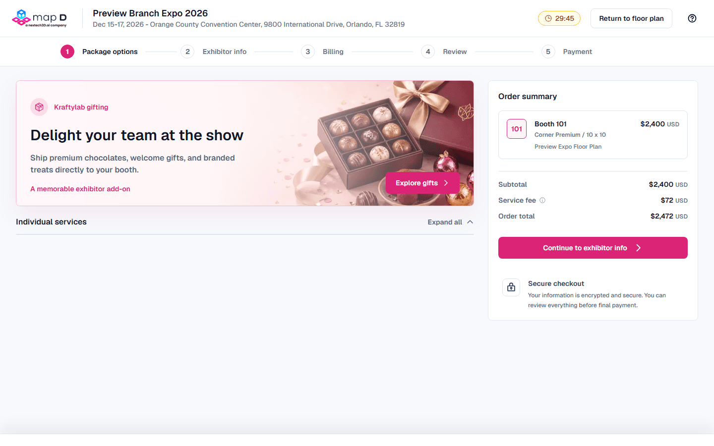 The checkout page on the Package options step, with the steps across the top, the hold timer, and the order summary with subtotal, service fee and total