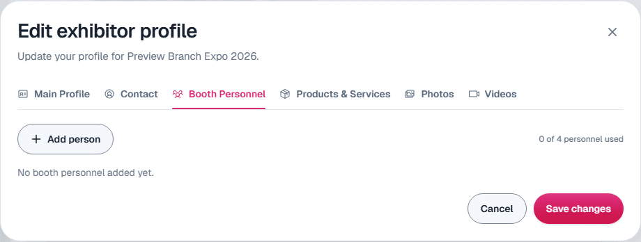 The Booth Personnel tab of the Edit exhibitor profile dialog, with the Add person button and how many personnel spots are used