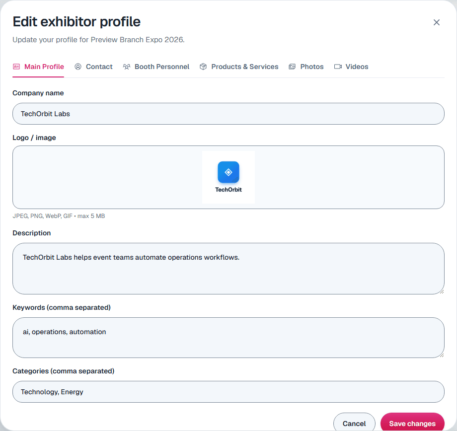 The Edit exhibitor profile dialog on the Main Profile tab, with company name, logo, description, keywords and categories