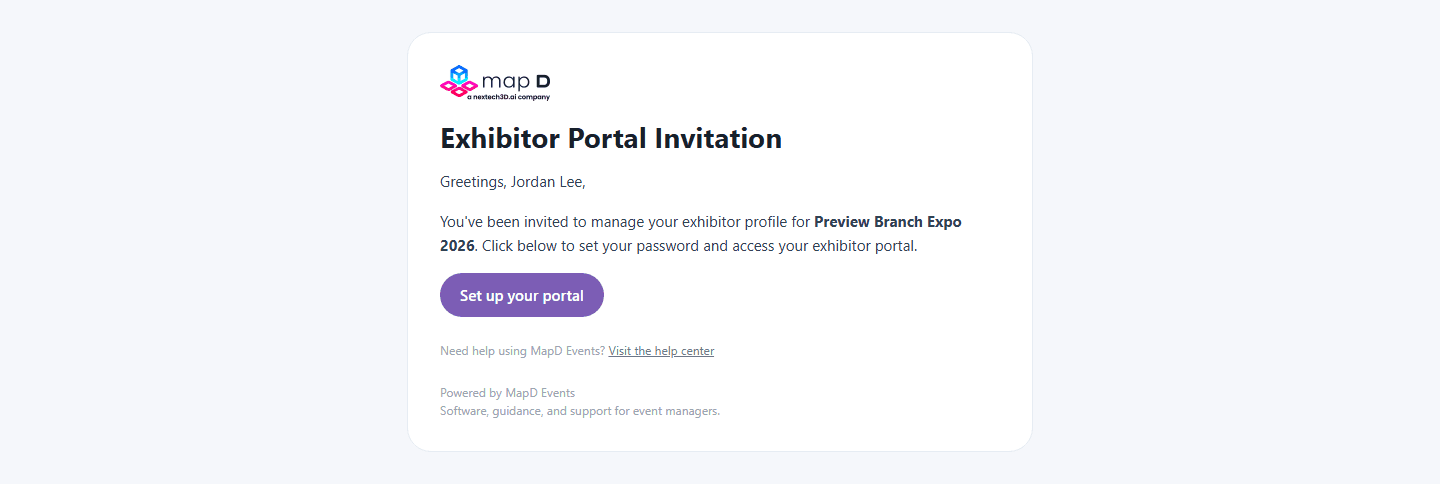 The exhibitor portal invitation email with the show name, the Set up your portal button and a link to the help center
