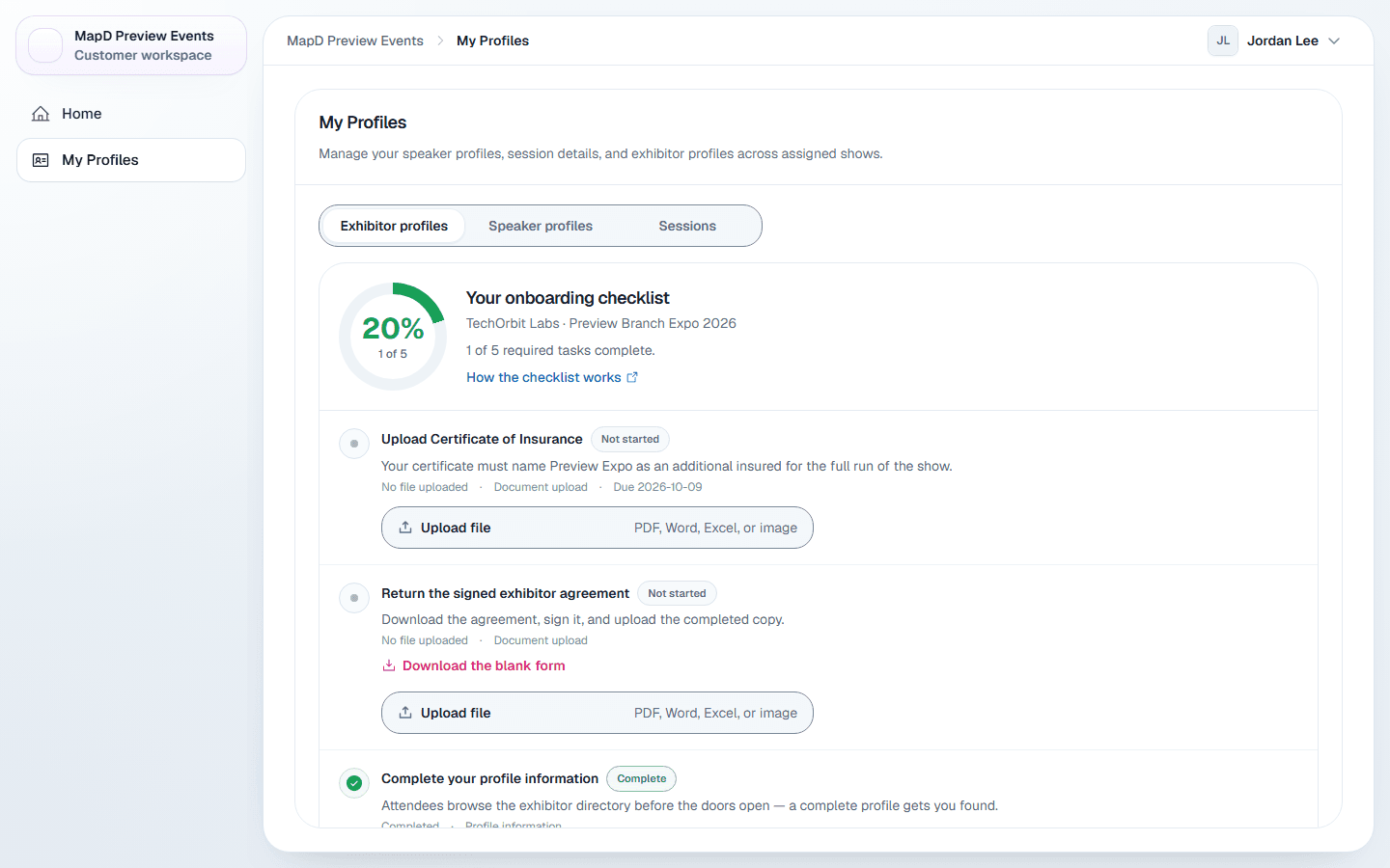 The onboarding checklist at the top of My Profiles, showing progress and tasks with upload buttons, due dates and statuses