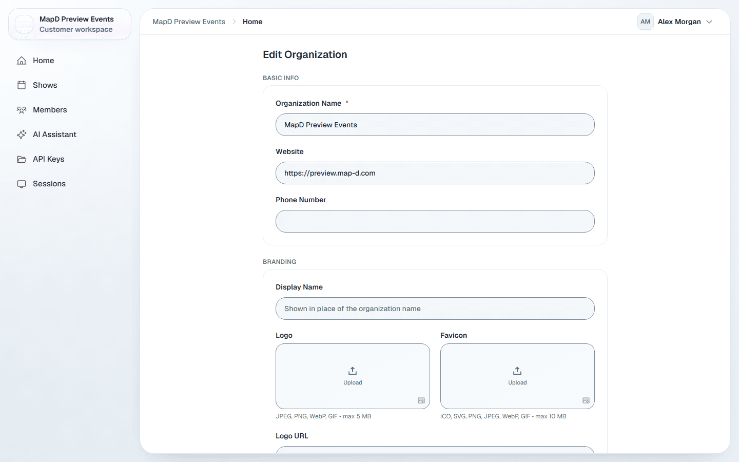 The Edit Organization page with the organization name, website and phone, and the branding section with display name, logo and favicon uploads