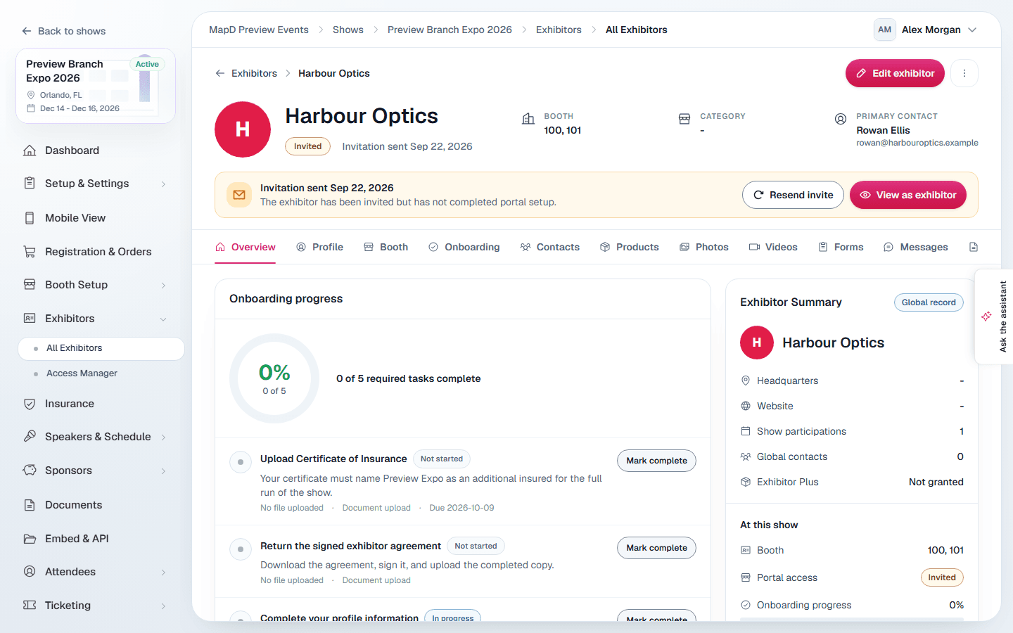 An exhibitor's profile page with booth, category and primary contact, the invitation status with Resend invite and View as exhibitor buttons, and onboarding progress