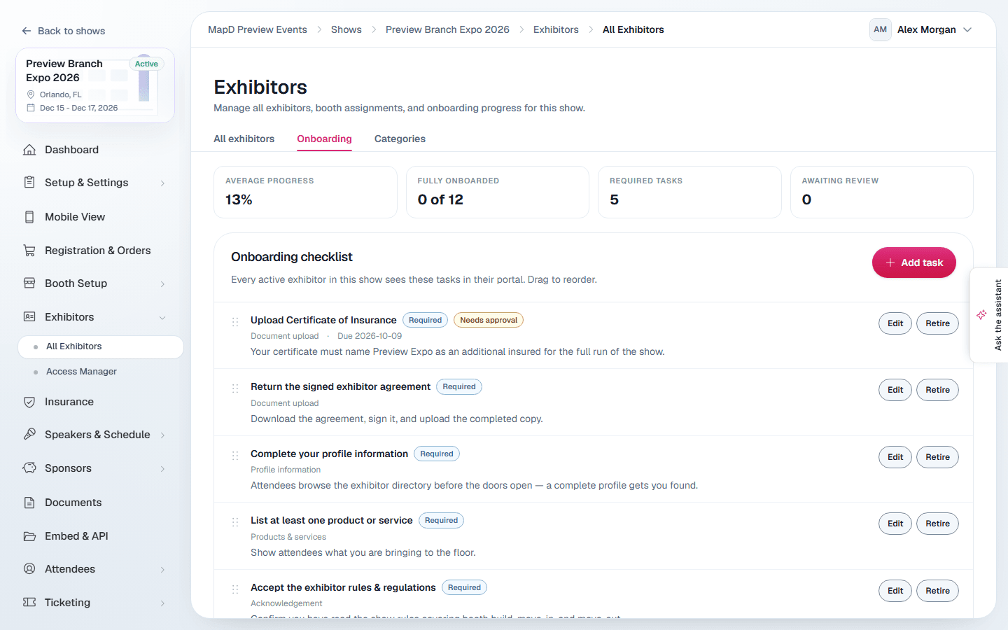 The Onboarding tab of Exhibitors with progress figures and the onboarding checklist of tasks, each with Edit and Retire buttons