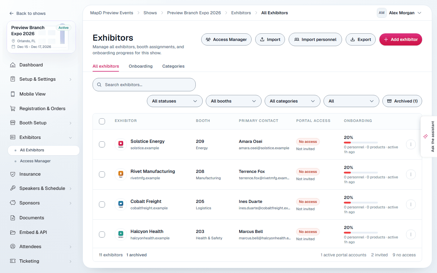 The Exhibitors list with Access Manager, Import, Import personnel, Export and Add exhibitor buttons, and each exhibitor's booth, contact, portal access and onboarding