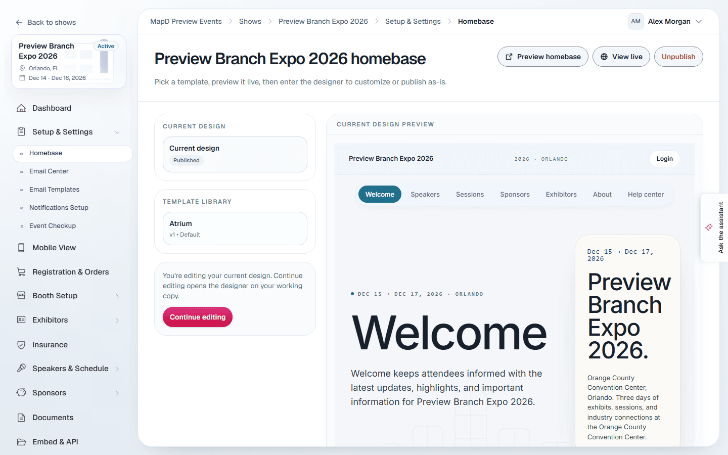 The Homebase page showing the current design, the template library and a live preview