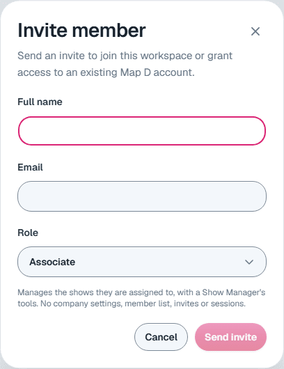 The Invite member dialog with the Role picker set to Associate and the description of what an Associate can do