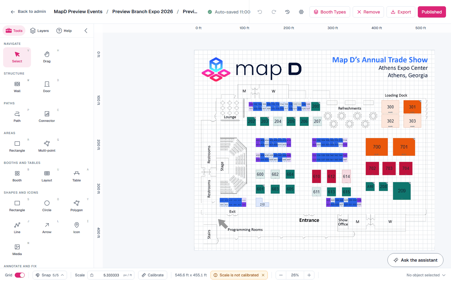 The map editor with the Tools panel open, listing the navigate, structure, paths, areas, booths and tables, and shapes and icons tools with their shortcut letters