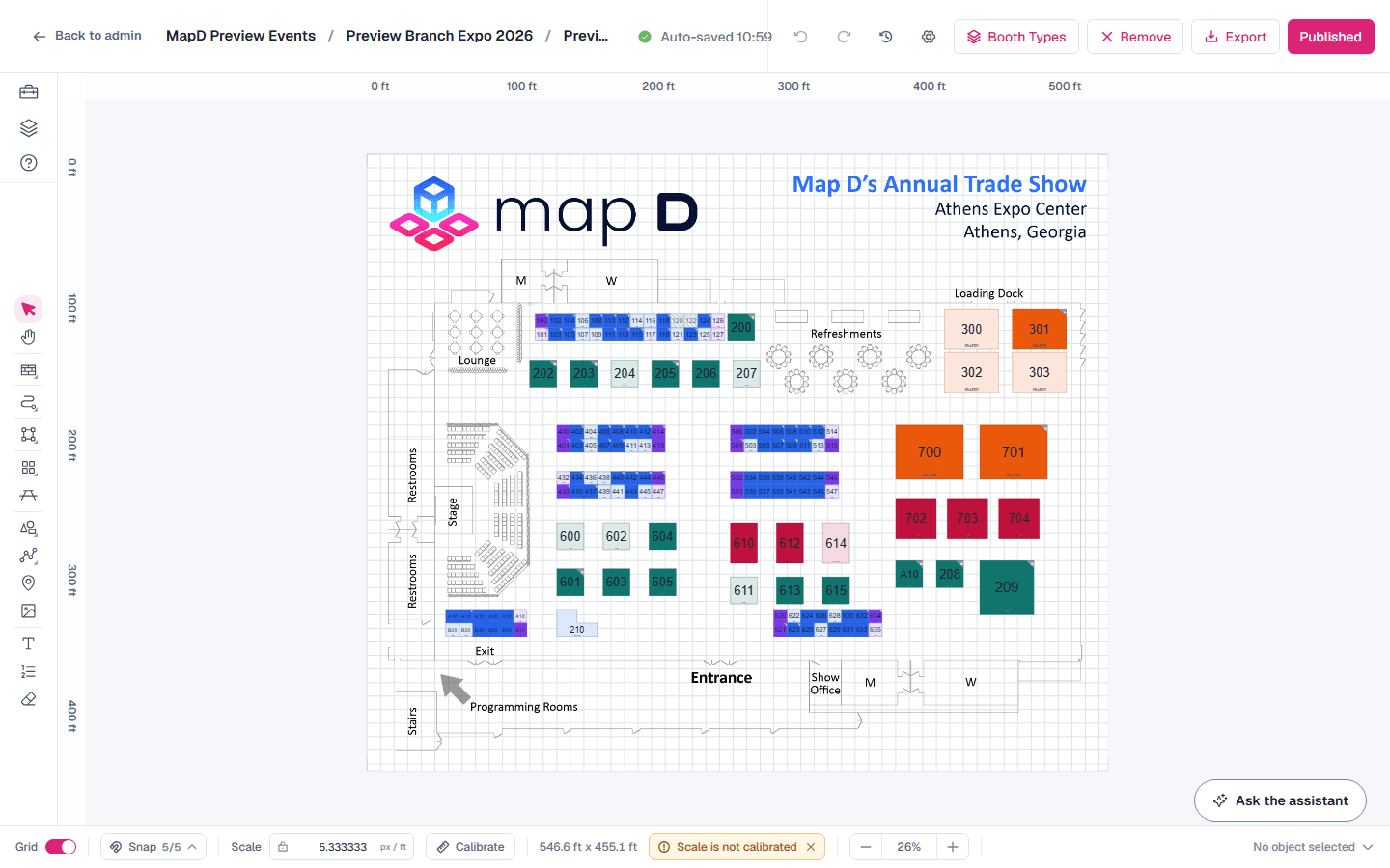 The map editor with the floor plan on the canvas, the tool rail on the left and the Publish button in the header
