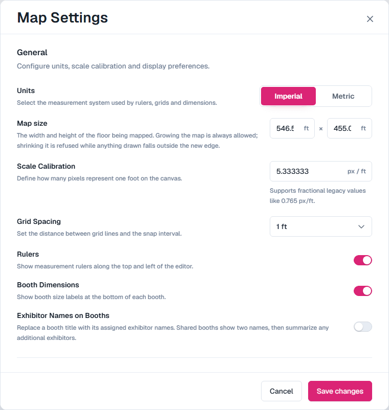 The Map Settings dialog with units, map size, scale calibration, grid spacing, rulers, booth dimensions and exhibitor names on booths