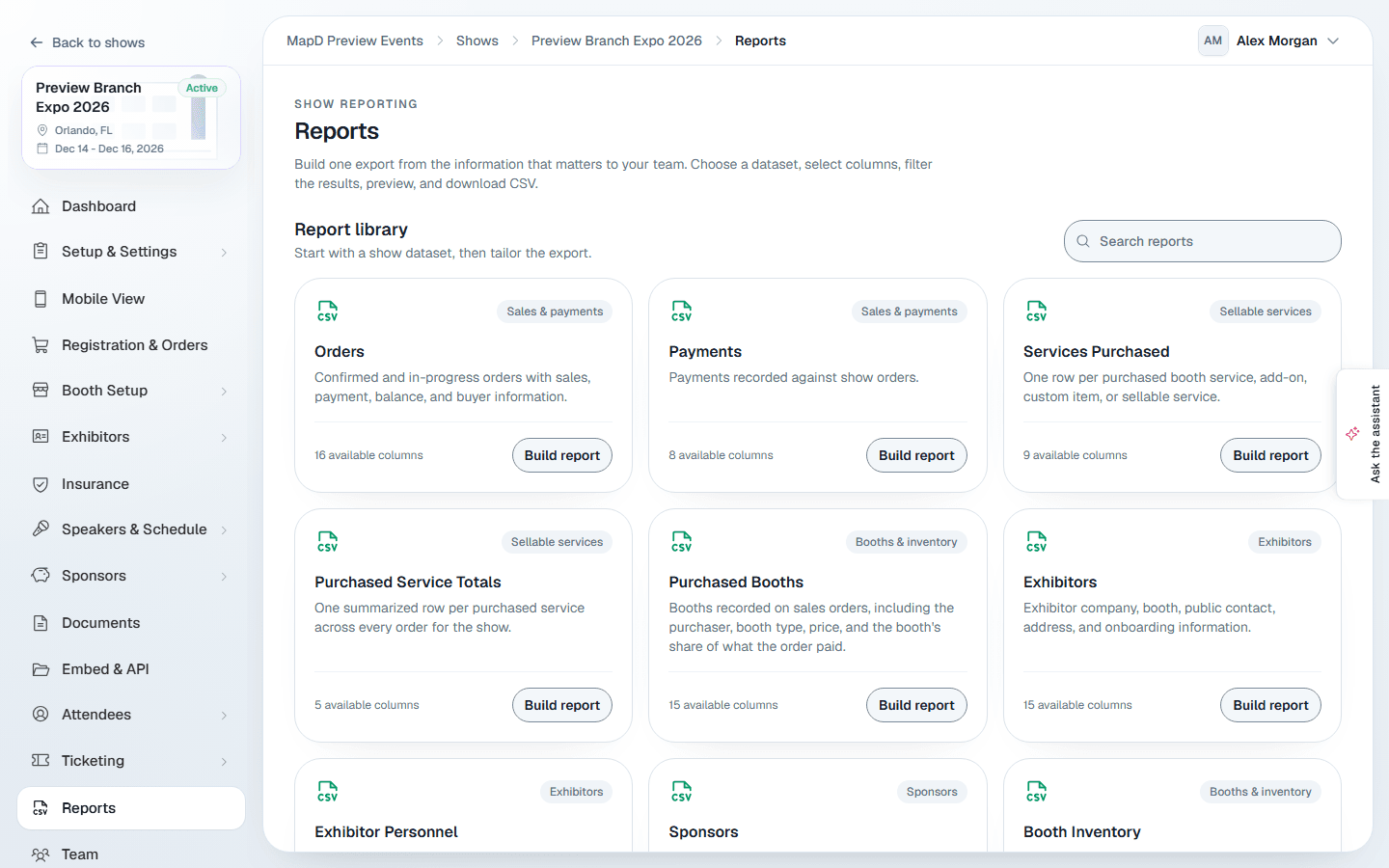 The Reports library with report cards such as Orders, Payments, Services Purchased and Exhibitors, each with a Build report button