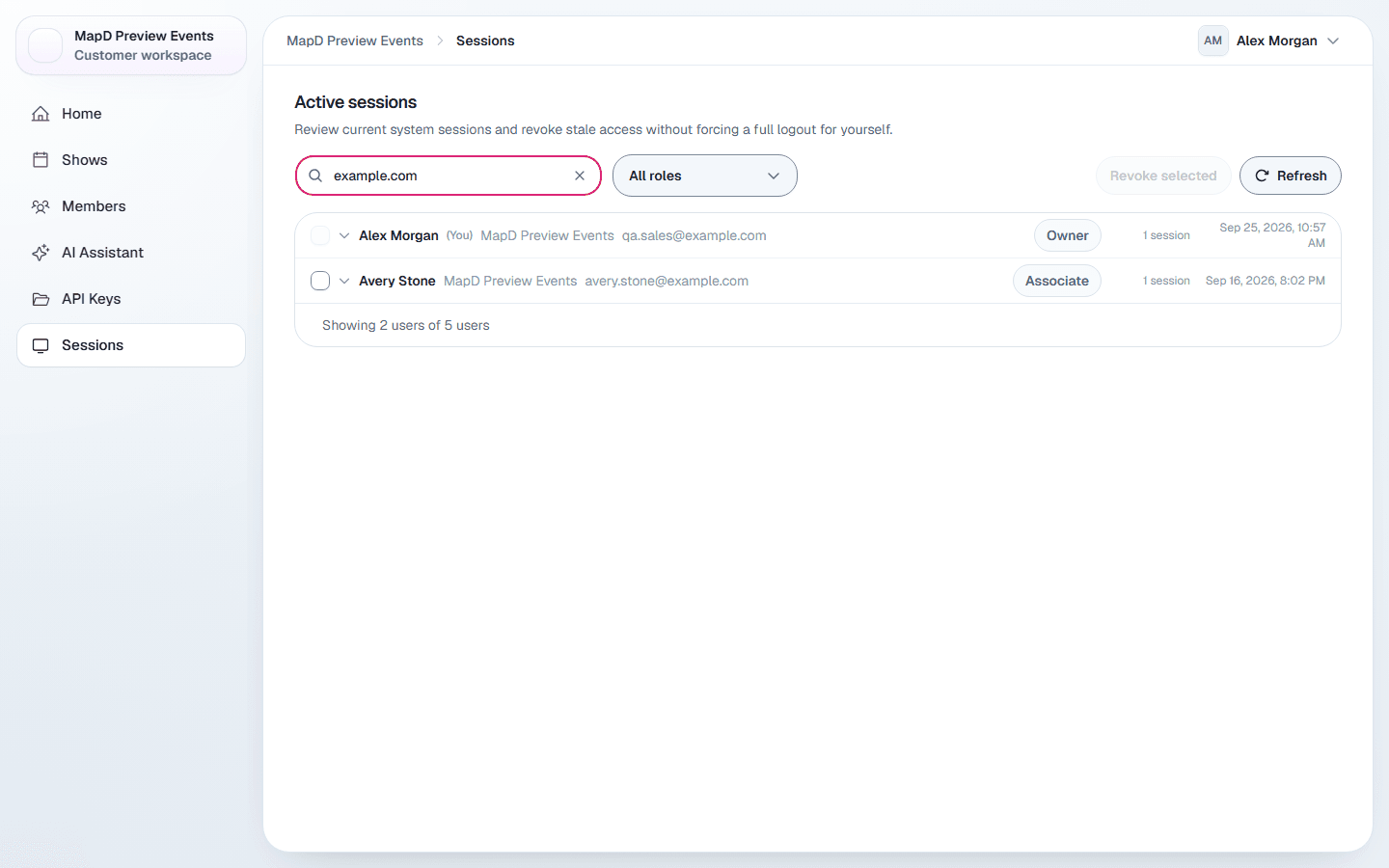 The Sessions page listing signed-in members with their role, session count and last activity, and Revoke selected and Refresh buttons