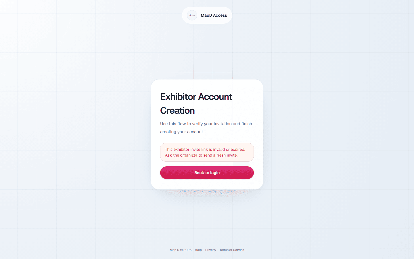 The exhibitor account creation page showing the message that the invite link is invalid or expired, with a Back to login button