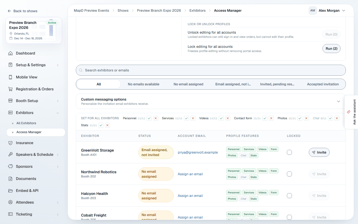 The Access Manager's feature switches for all exhibitors, and each exhibitor's row with status, account email, profile feature chips and locked checkbox